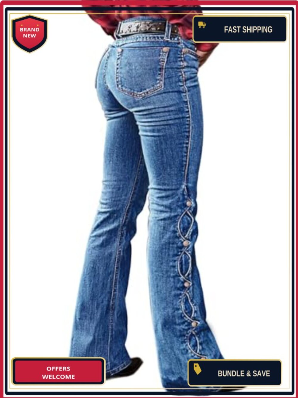 Bootcut Jeans for Women High Stretch Flare Denim Pants Button Hem Mid Rise